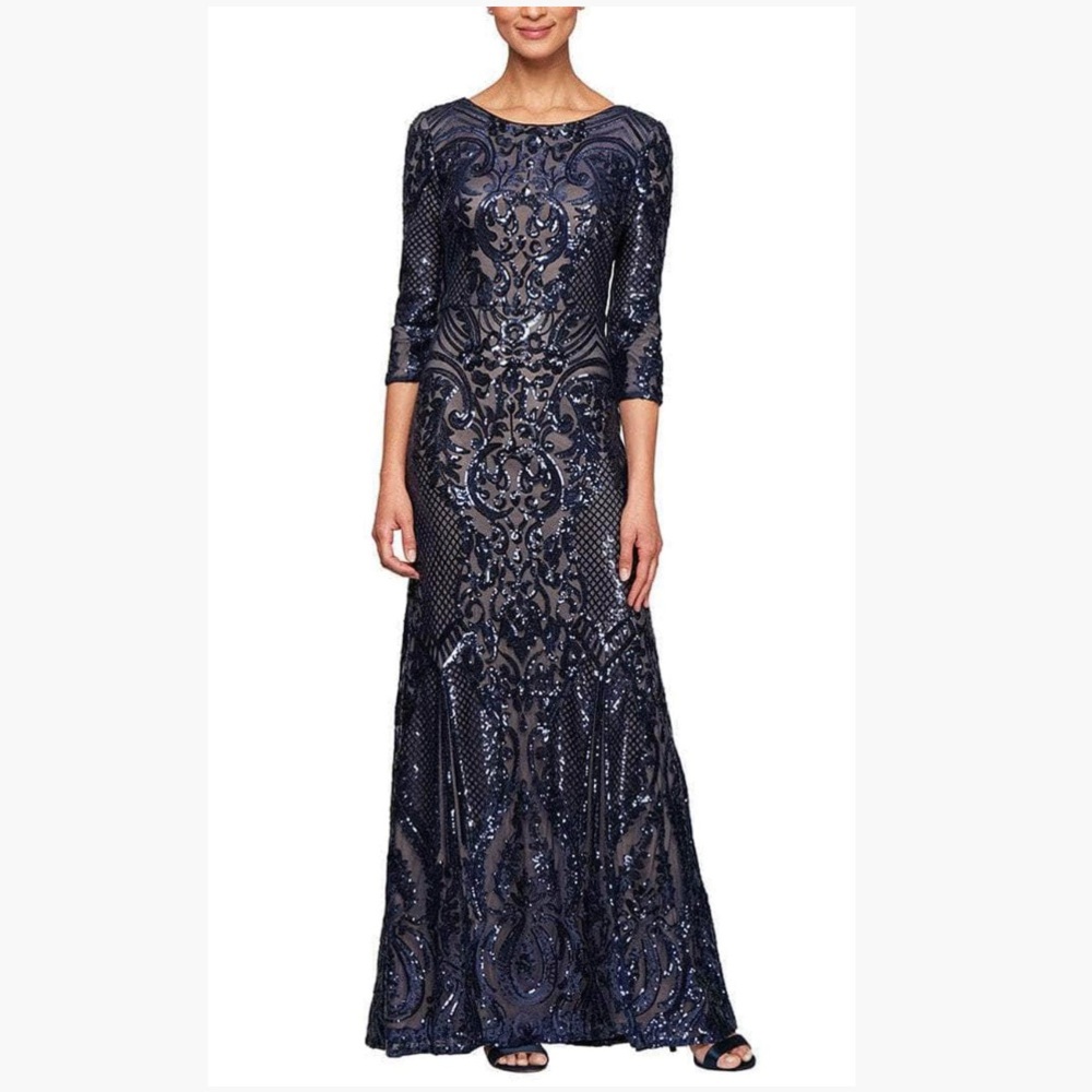 NEW Alex Evenings Women’s 10 Blue Sequin 3/4 Sleeve Mermaid Dress